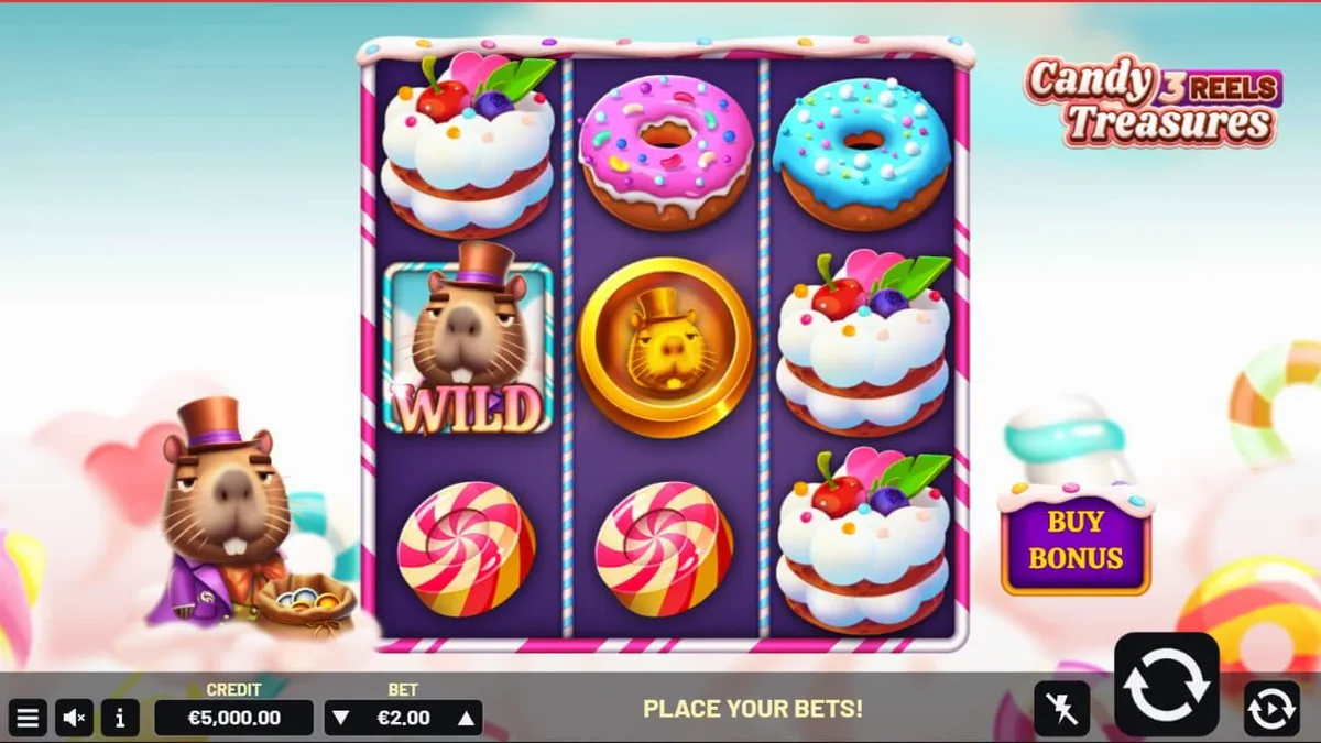 Candy Treasures 3 Reels slot machine interface featuring colorful sweets and candies
